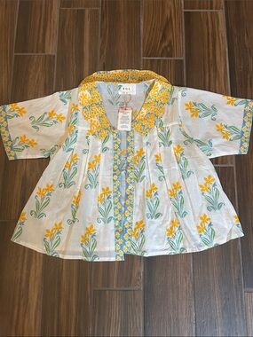 POL White Blouse with Yellow Floral Print & Blue Trim